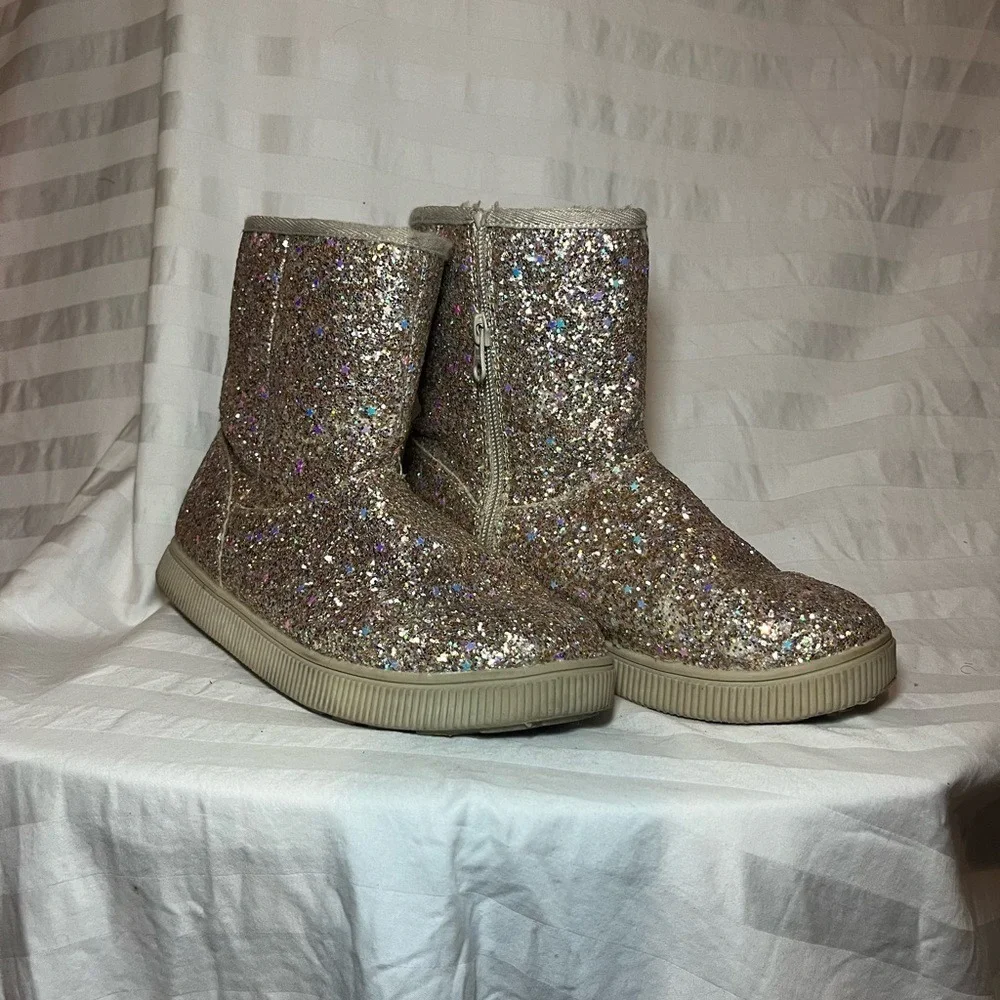 Cat & Jack Kids Champagne Gold Star Glitter Side Zip Faux Fur Lined Boots Size 3